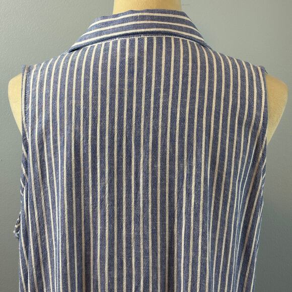 ForCynthia Striped Sleeveless Shirt Button Up Dress Linen Blend Ruched Pocket LG - Picture 5 of 10